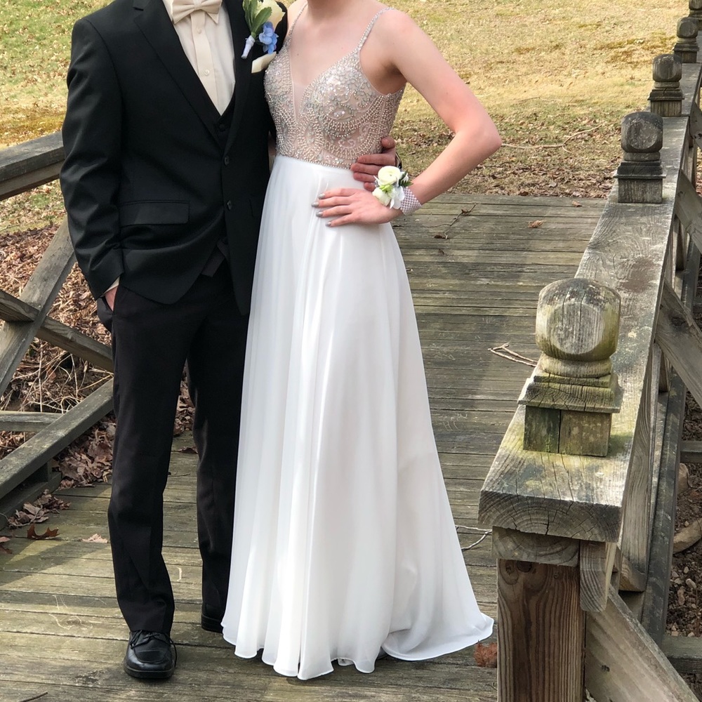 Jovani Open-Back Beaded-Bodice White Prom Dress